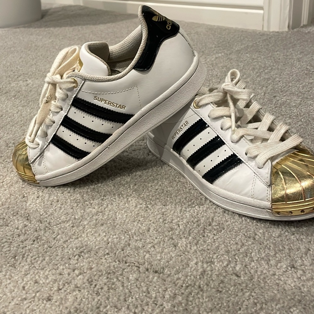 Kids- Adidas superstar black,white and gold shoes